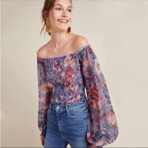 ANTHROPOLOGIE Purple Floral Boho Top Sheer Long Sleeves Ruched Bodice xs